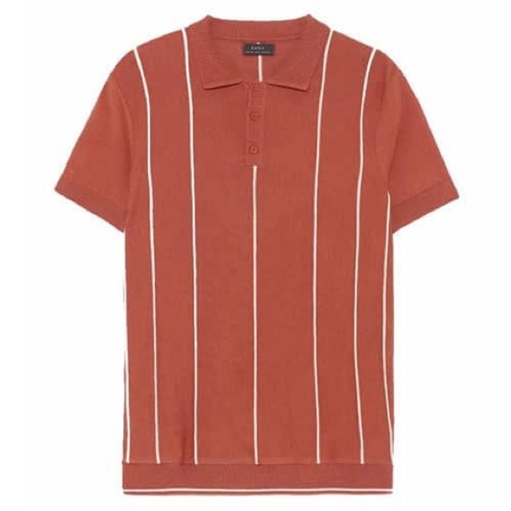 Zara Men’s Rust Polo Shirt ribbed knit shirt with White Stripes XL